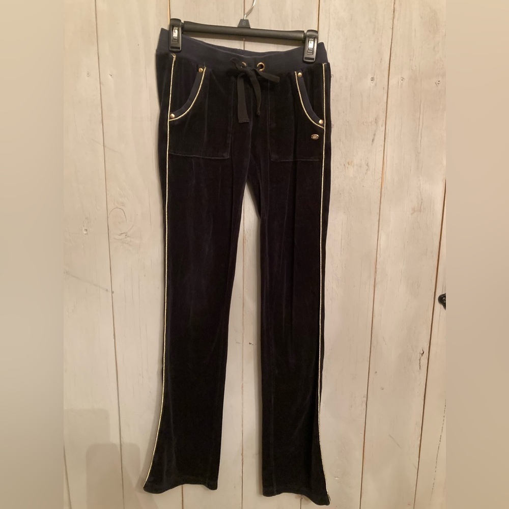 Vintage Y2K Juicy‎ Couture Velvet Pants Womens Size P Black & Gold Trim Joggers